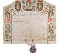 Patent o imenovanju dubrovačkog konzula u Solunu Mata Lazarevića kapetanom dubrovačke vojske, Dubrovnik, 15. siječnja 1779., pergament, akvarel, rukopis; srebro, gravirano (DUM PM 186)