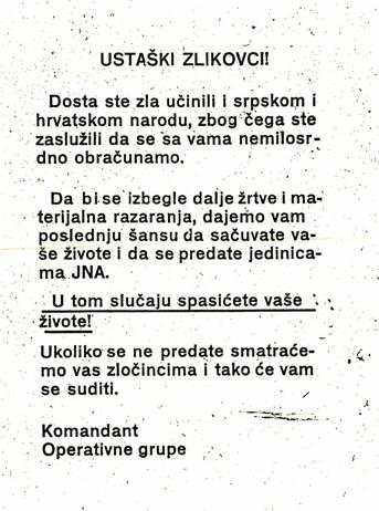 Flier of the so-called Yugoslav People’s Army – “Ustasha Evildoers”