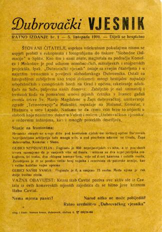 Dubrovački vjesnik, ratno izdanje br. 1